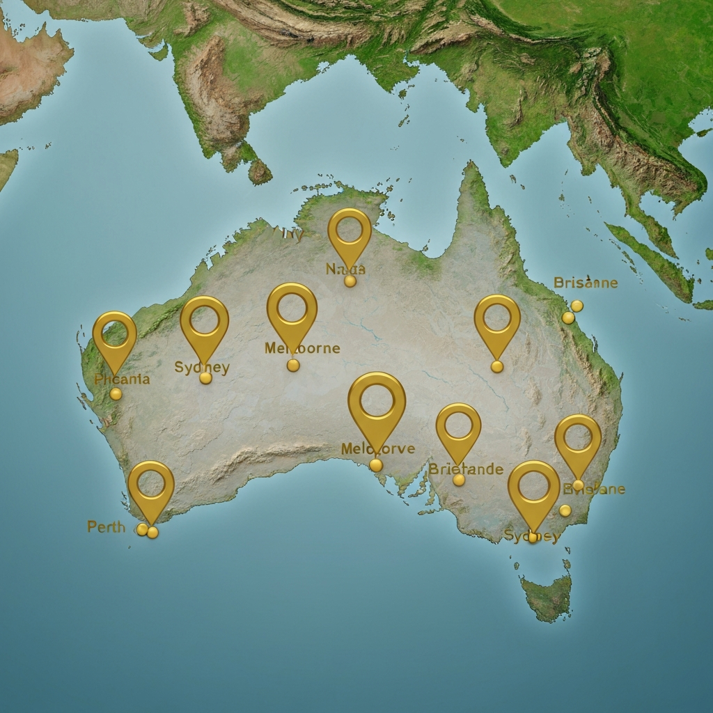 australia map with location tags of top cities