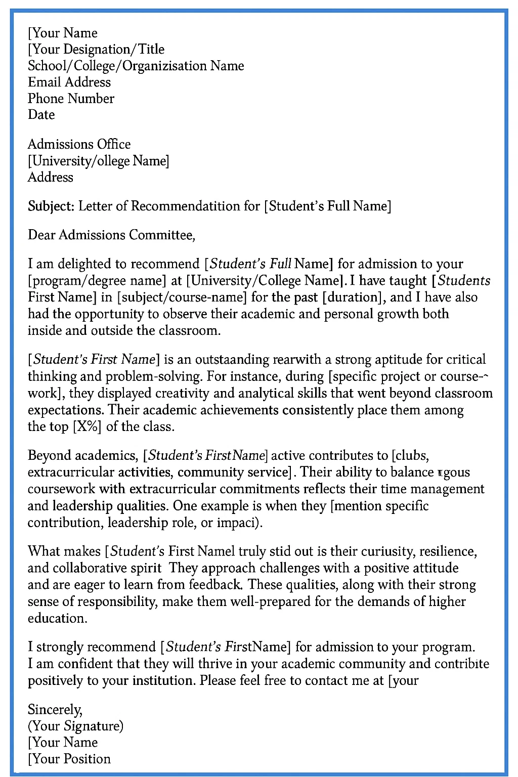 Sample Professional Letter of Recommendation for College or University Applications