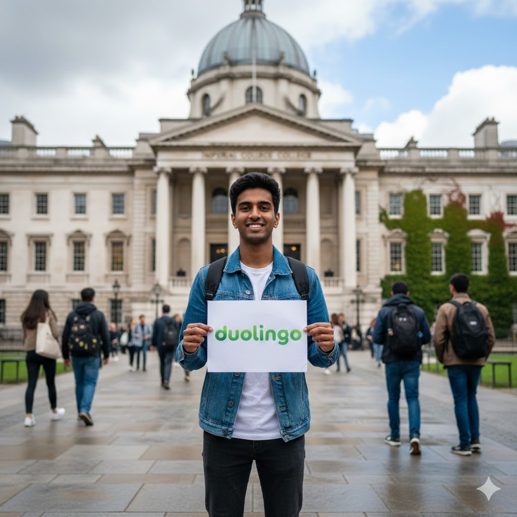 indian student in UK university holding duolingo certificate