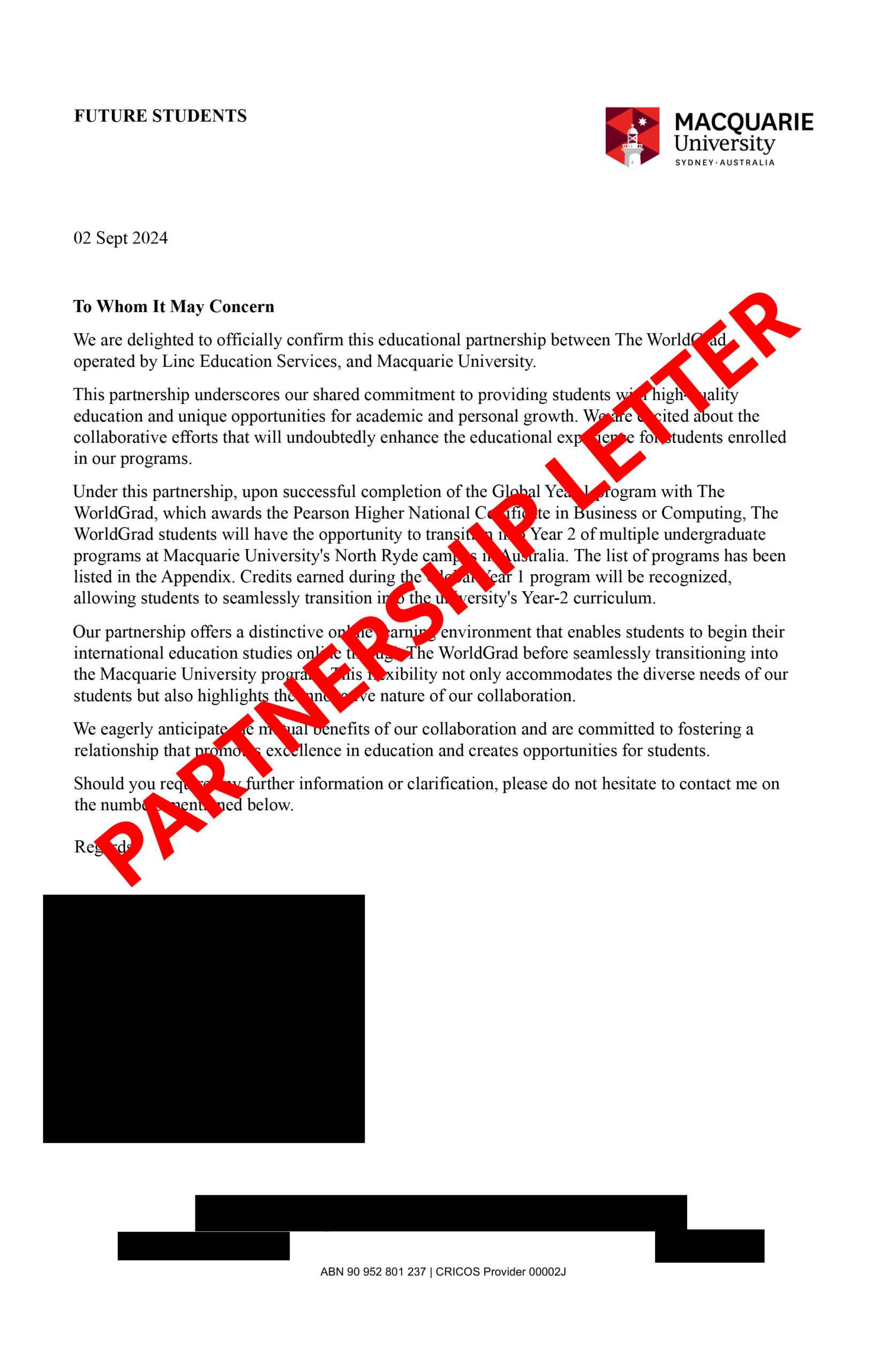 Macquarie Partnership Letter