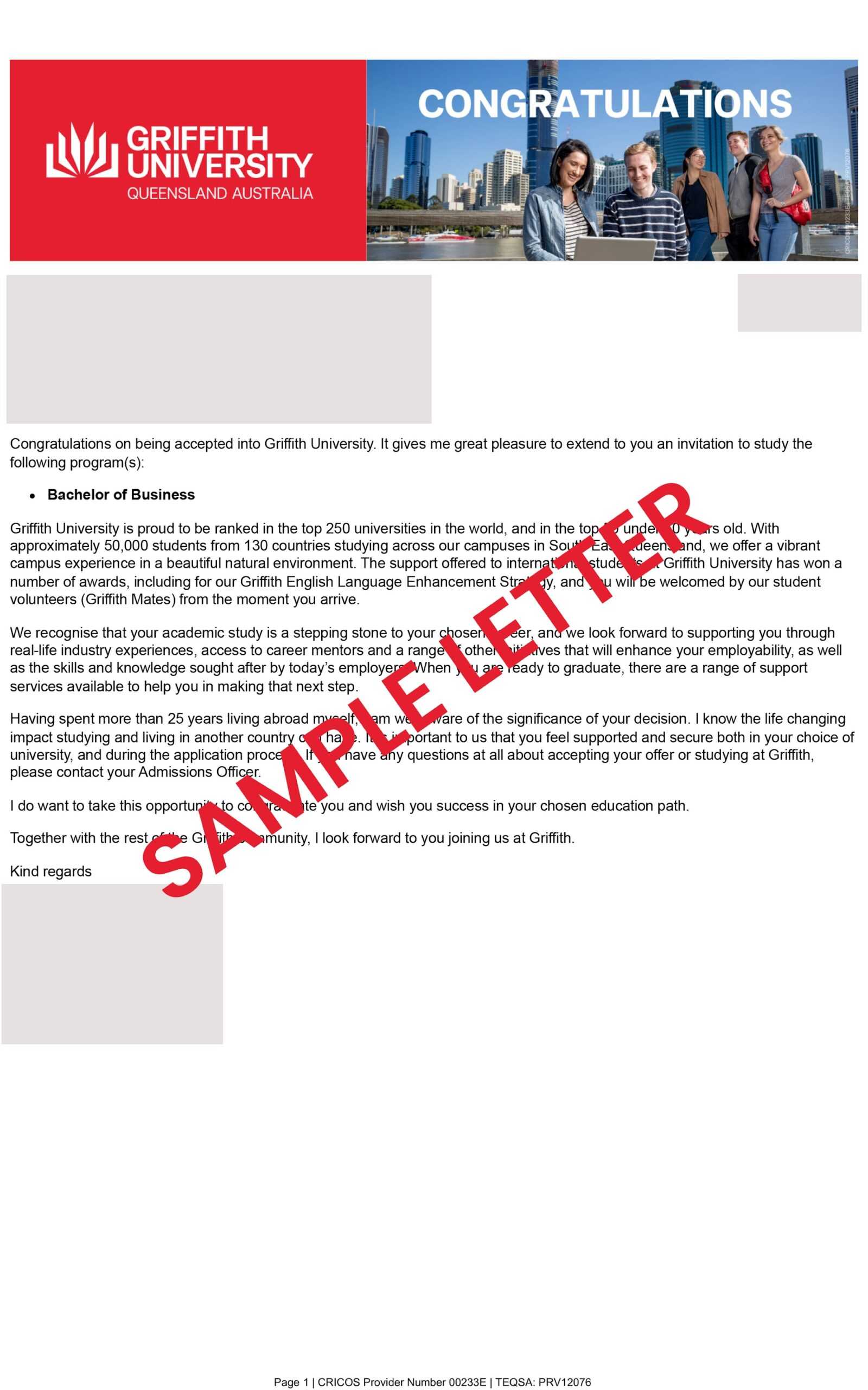 sample offer letter griffith university