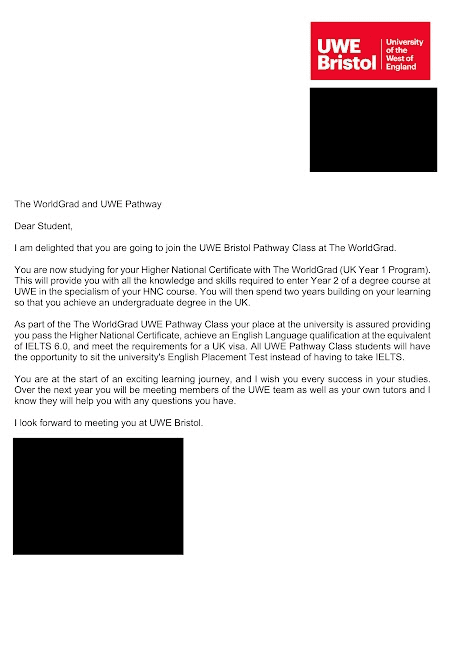 UWE Bristol sample offer letter received by a The WorldGrad student