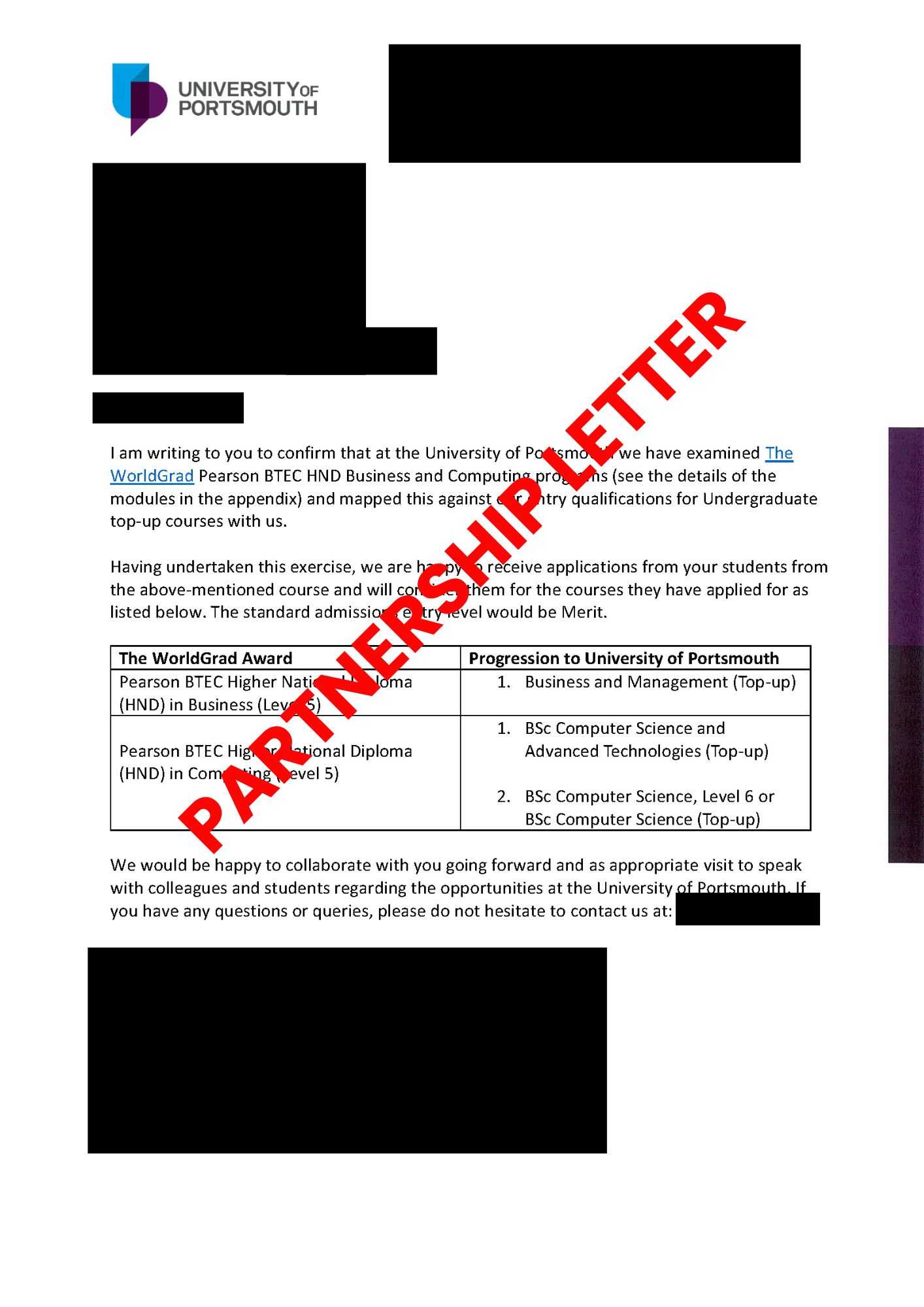 portsmouth partnership letter