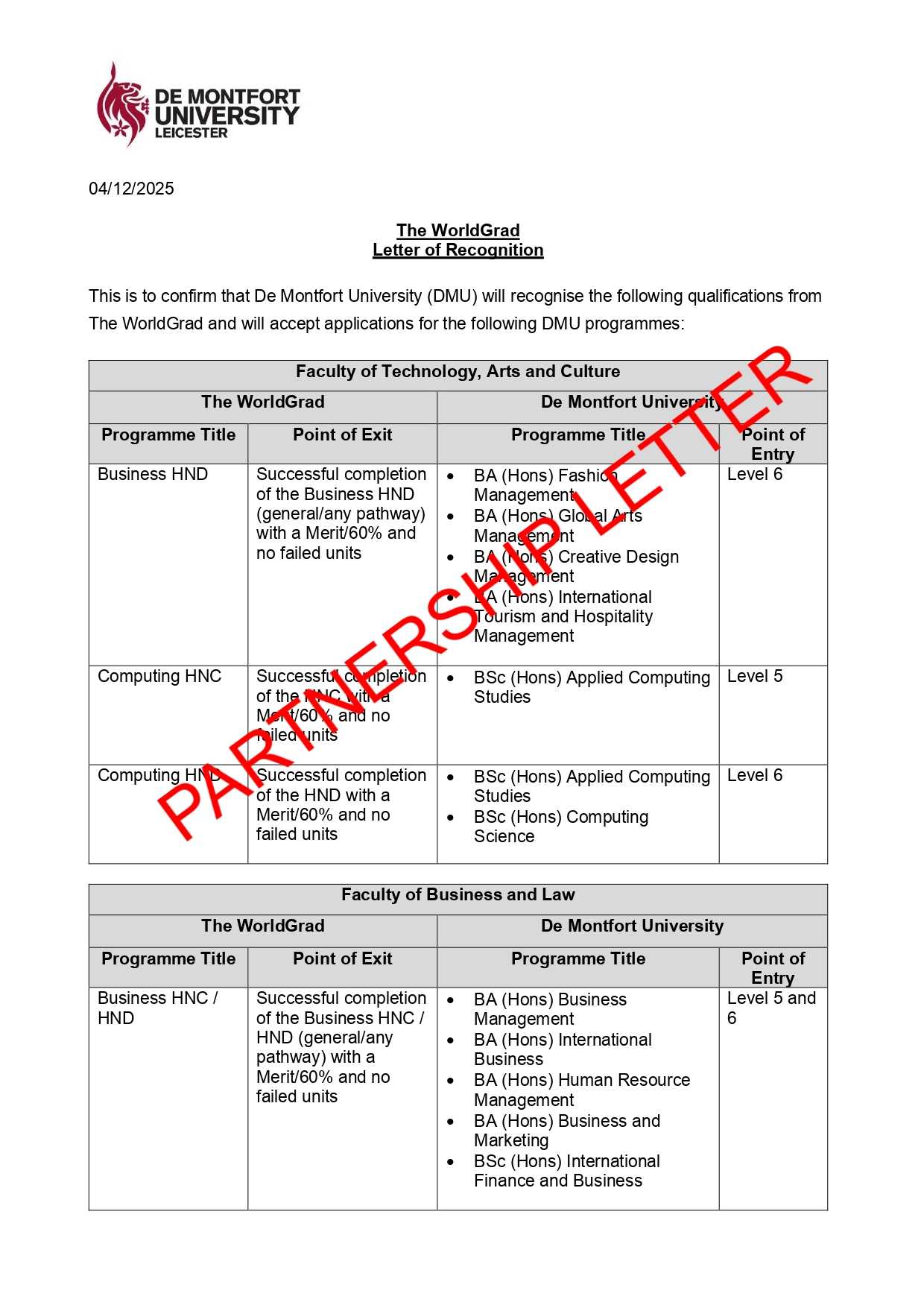 The WorldGrad - DMU Letter of Recognition Dec25