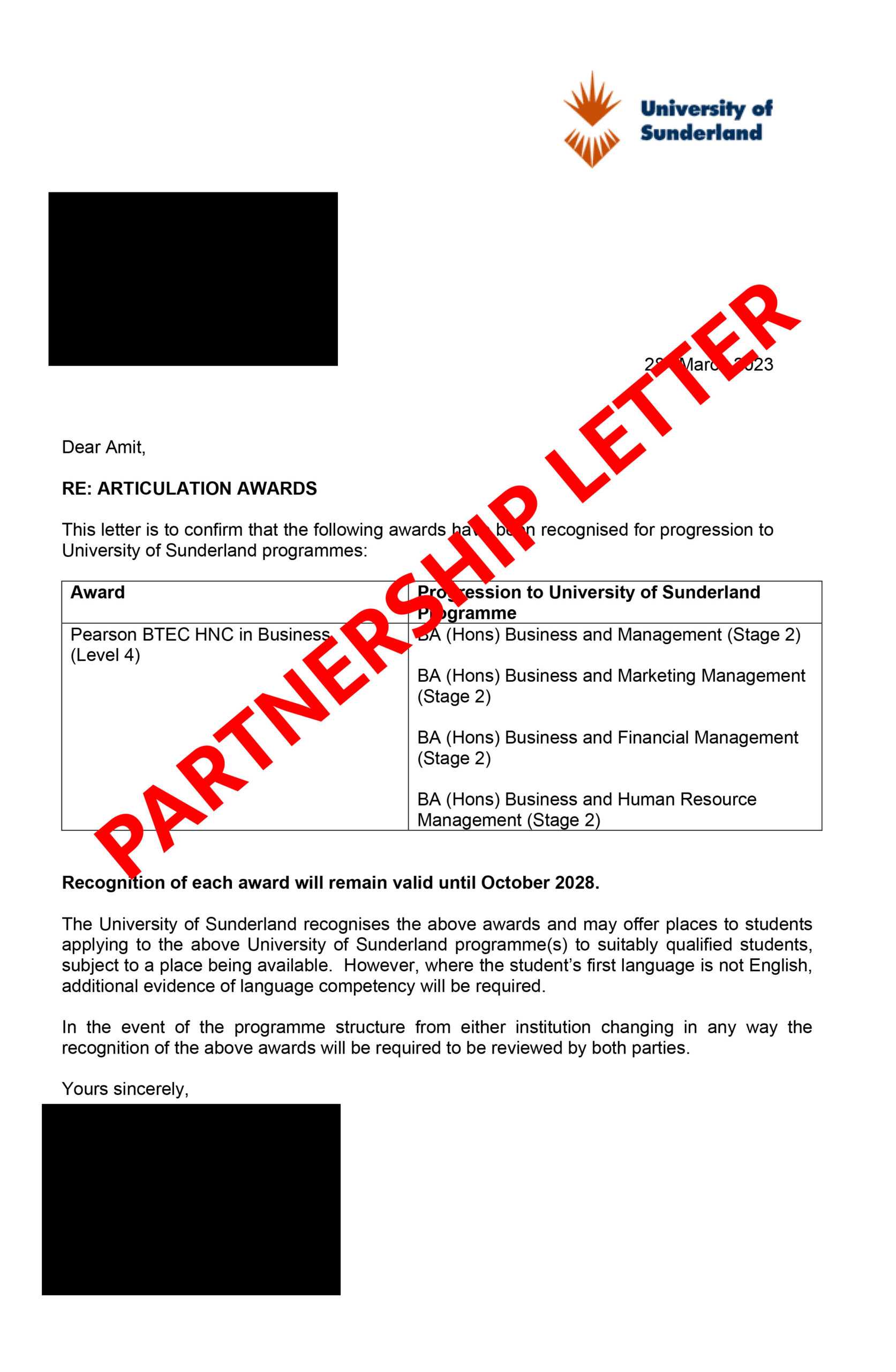 Sunderland Partnership Letter