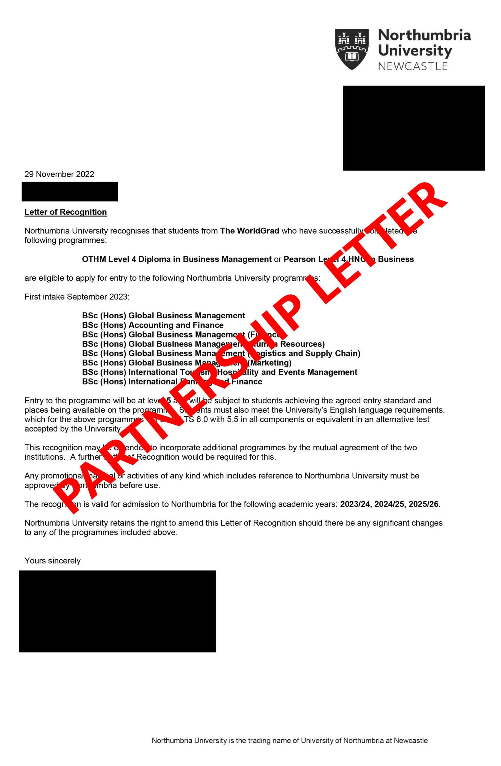 Northumbria Partnership Letter